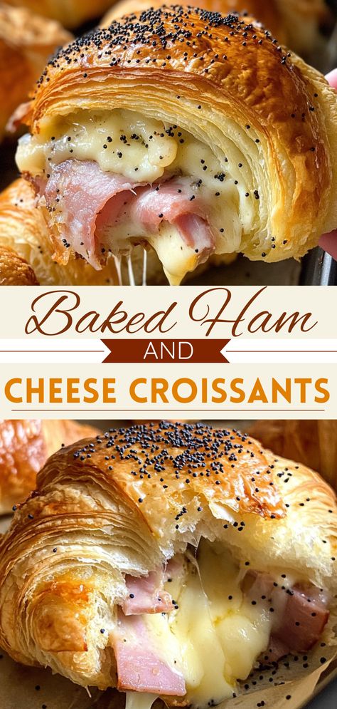 Easy Side Dish Recipes: Baked Ham and Cheese Croissants Ham And Swiss Breakfast Sandwich, Ham And Cheese Pillsbury Crescent, Homemade Ham And Cheese Croissants, Quick Easy Christmas Breakfast Ideas, Breakfast Food Party Ideas, Ham Swiss Croissant, Brunch Croissant Ideas, Ham And Cheese Swirls, Recipes Using Croissant Rolls