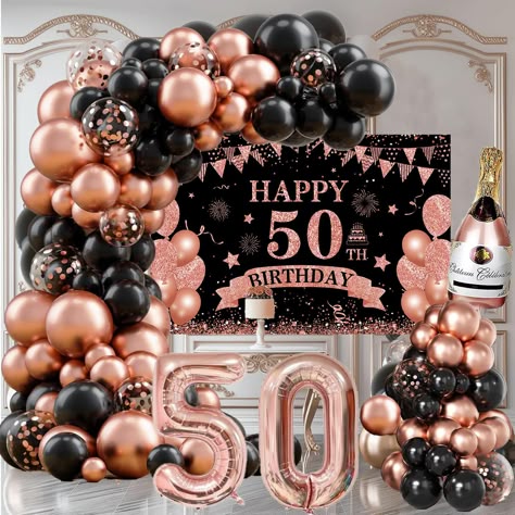 PRICES MAY VARY. 【50th Birthday Decorations for Women Kit】You will receive:12 inch balloons(black x 12pcs,rose gold x 12pcs,rose gold conetti balloons x 8pcs),10 inch balloons(black x 22pcs, rose gold x 22pcs), 5 inch balloons(black x 18pcs,rose gold x 18pcs),32inch rose gold 50 number balloons,59inch x 40inch black rose gold 50th birthday banner, beer balloons, 15pcs glues points and 1pc balloon chain. 【High Quality Material】50th birthday balloon arch kit are made of high-quality natural latex, 50th Decorations Birthday For Women, 50 Shades Of Fabulous Birthday, Balloon Arch 50th Birthday, Rose Gold 50th Birthday Party Ideas, Rose Gold 50th Birthday Party, 50 Fabulous Birthday Ideas, 50th Bday Decoration Ideas, 50 Birthday Decoration For Women, 50 And Fabulous Party