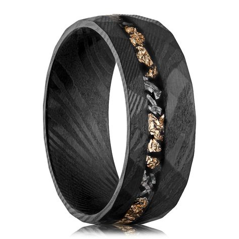 PRICES MAY VARY. Unique Design: The Damascus Meteorite & Crushed Gold Leaf Men's Wedding Band features a distinctive hammered black steel ring with a crushed gold leaf inlay, making it a remarkable and unique piece of jewelry. Exceptional Craftsmanship: Meticulously crafted from the finest materials, this ring is designed for durability and longevity, showcasing a rugged and masculine aesthetic. Versatile Occasions: Ideal for engagements, weddings, anniversaries, and promises, this ring is a pow Mens Wedding Rings Nature, Mens Band Ring, Vintage Engagement Rings Men, Men’s Black Engagement Ring, Black And Gold Mens Wedding Band, Men Rings Engagement, Black Rings Men, Men’s Wedding Band, Men Promise Rings