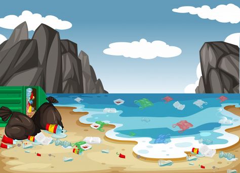 A dirty beach pollution background Premium Vector | Premium Vector #Freepik #vector #background #water #cloud #nature Pollution Illustration, Beach Pollution, Save Water Drawing, Beach Graphics, Map Of Great Britain, Beach Cartoon, Earth Drawings, Teacher Cartoon, Beach Drawing