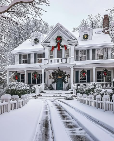 Winter House Exterior, Mansion Exterior, Pretty Houses, Suburban House, Dream Life House, Casa Vintage, Bloxburg Ideas, Beautiful Houses, Christmas Scenes