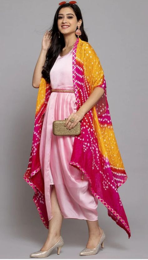 Bandhni Indowestern Outfits, Bandhani Indo Western Outfit, Bandhani Choli, Bandhni Dupatta, Indowestern Gown, Bandhani Suit, Haldi Outfits, Stitched Saree, Bandhani Dress