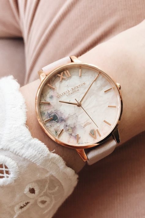 SEMI PRECIOUS BLOSSOM & ROSE GOLD   For the first time, we've layered a sunray dial with a slice of rose quartz, featuring subtle watercolour details. Synonymous with attracting and keeping love, and its soft, peaceful energy, this is a perfect gift for those looking to bring a little self-love into their life. Stylish Watches For Girls, Latest Women Watches, Watches Women Simple, Pretty Watches, Classy Watch, Fancy Watches, Trendy Watches, Cute Watches, Chique Outfits