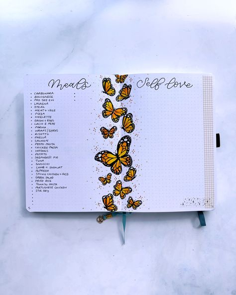 Monarch butterflies bullet Journal spread March Book Journal Spread, Butterfly Bujo Theme, Butterfly Journal Ideas, Butterfly Bujo, Butterfly Bullet Journal, August Bullet Journal, Bullet Journal September, Bullet Journal Month, Bujo Layout