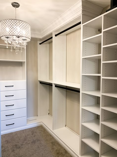 Small Master Closet Diy, Master Closet Flooring, Small Custom Closet Walk In, Walk In Closet Built Ins, Closet Redesign, Master Closet Design, House Closet, Closet Redo, Custom Closet Design