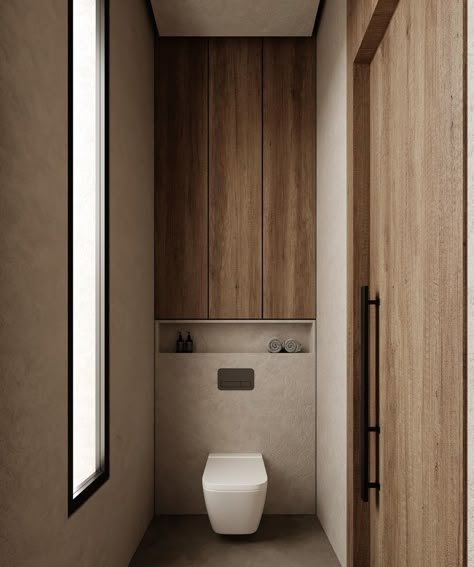 Step into the guest bathroom, and let the grace and understated elegance of the wabi sabi minimal style surround you. The pure lines and… | Instagram Wc Ledge Wall Design, Closed Toilet In Bathroom, Walnut Powder Room, Small Toilet Designs, Compact Powder Room, Toilet Cabinet Design, Toilet Niche Design, Sink Next To Toilet, Small Toilet Room Design