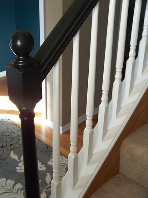 black and white banisters Stairs Painted White, Black Banister, White Banister, Stairs Painted, Banister Remodel, White Foyer, Black Stair Railing, Black And White Stairs, Stairs Diy