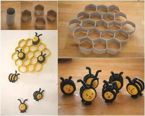 How-to-DIY-Lovely-Beehive-and-Bees-Decoration-from-Toilet-Paper-Rolls Diy Paper Crafts Ideas, Bee Hives Diy, Paper Crafts Ideas, Bumble Bee Craft, Bee Hive Craft, Bee Crafts For Kids, Bee Activities, Bee Classroom, Honey Bee Decor