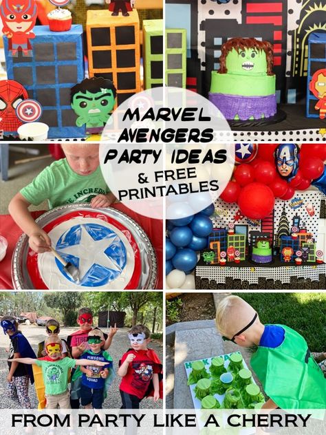 DIY Marvel Party Ideas - Party Like a Cherry Marvel Party Ideas, Marvel Party Decorations, Theme Design Ideas, Marvel Birthday Party Decorations, Avengers Birthday Decorations, Iron Man Birthday Party, Diy Avengers, Phone Theme Ideas, Avengers Party Decorations