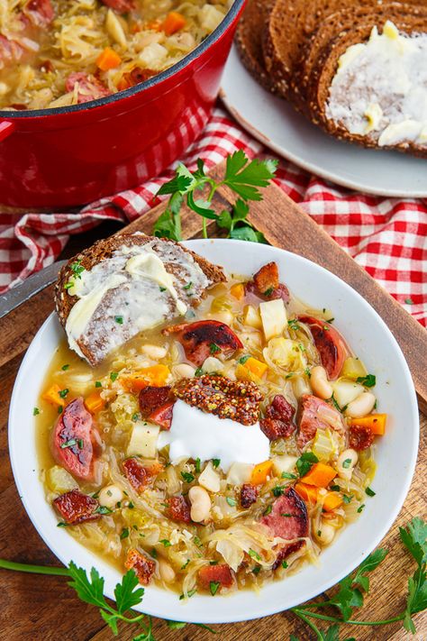 Kielbasa Sauerkraut Soup Kielbasa Sauerkraut, Vinegar Potato Salad, Bacon Beans, Beer Soup, Easy Goulash Recipes, Sauerkraut Soup, Closet Cooking, Kielbasa Recipes, German Potato Salad