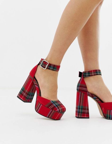 Asos Design Porcelain platform high heels | a classic holiday red tartan fabric style print graces these chunky ankle strap heels perfect for Christmas parties, new years, or everyday office style | available down to a size 4 for petites with small feet | affiliate link | Asos | #shortgirl #petites Heel Sandals Outfit, High Heels Outfit, High Heels Boots, High Heel Dress, Chunky Heel Shoes, Asos Shoes, Platform High Heels, Vintage Plaid, Platform Pumps