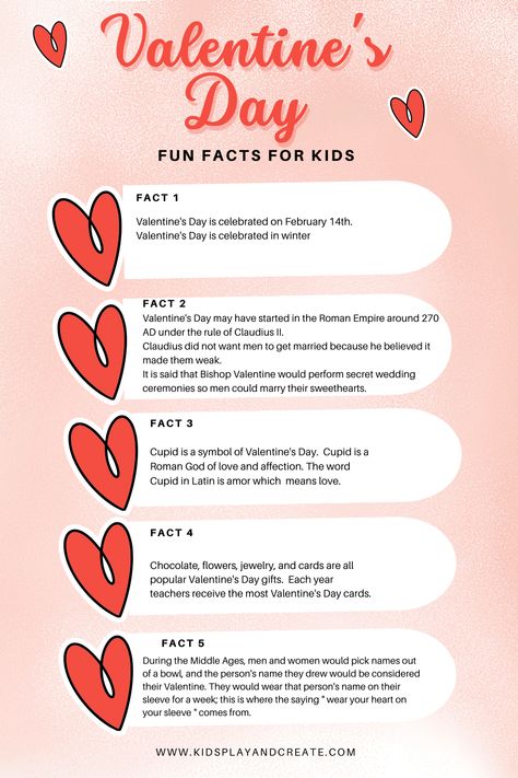 Saint Valentine’s Day is celebrated during winter on February 14th. It is a day to celebrate the people that you love. Did you know that Valentine’s Day is the second most popular day for giving greeting cards? If you want to learn why we celebrate Valentine’s Day and where the holiday originated, check out these fun Valentine’s Day Facts for Kids! Valentine's Day Facts for Kindergarten Valentine's Day Facts for 1st grade Valentine's Day Facts for 2nd grade Valentine's Day facts 3rd grade Valentine's Day Meaning, St Valentine Facts, Facts About Valentines Day, Valentines Day Facts, History Of St Valentine, Valentines Day Week, What Is Valentines Day, Valentines Day Meaning, Valentine's Day Origin