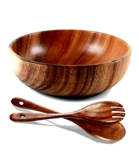 HOLYMOOD NATURAL INCLUDED UTENSILS HANDCRAFTED Wood Mixing, Acacia Wood Bowl, Wooden Salad Bowl, Salad Bowls Set, Utensils Set, Fork And Spoon, Leaf Bowls, Large Salad Bowl, Wooden Utensils