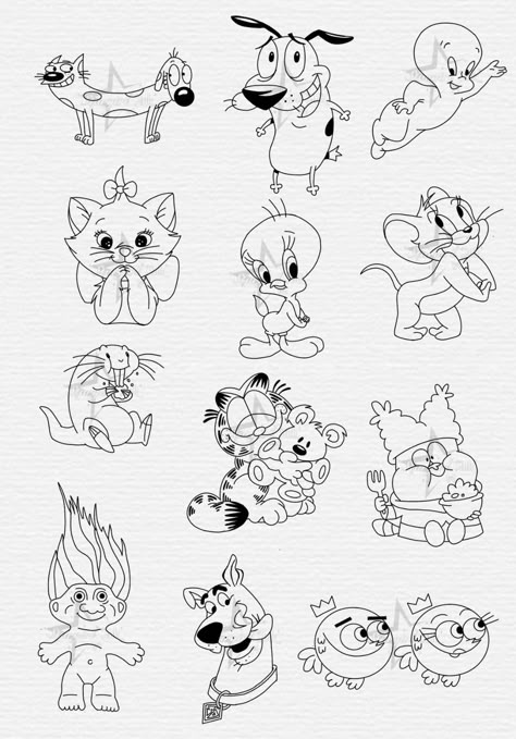 some throwbacl characters ☆⁂🜸✥ミ★ ⭐️  #scooby #scoobydootattoo #garfield #kimpossible #chowder #fairlyoddparents #casper #catdog #rufus #trolls #tattoo #flashtattoo Cartoon Stencil Tattoo, Cartoon Tattoo Flash Sheet, Chowder Cartoon Tattoo, Childhood Movie Tattoos, Garfield Tattoo Design, Who Framed Roger Rabbit Tattoo, Pop Culture Flash Tattoo, Cartoon Matching Tattoos, Flash Art Simple