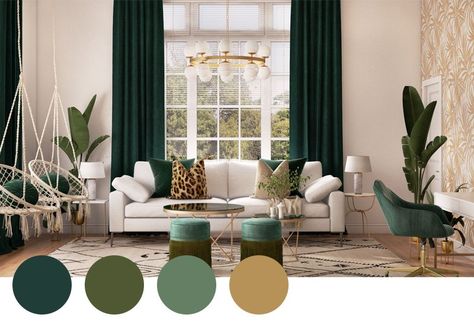 Jewel Tones Interior Design, Eclectic Bohemian Living Room, Emerald Green Living Room, Funky Living Rooms, Green Living Room Decor, Cream Living Rooms, Gold Living Room, Jewel Tone Colors, Bohemian Living