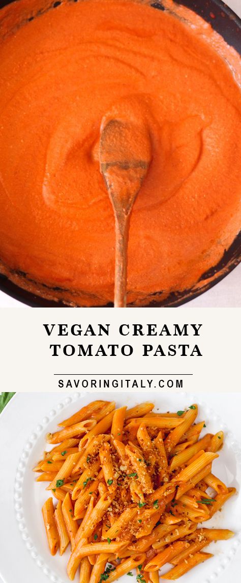 This Vegan Creamy Tomato Pasta is a totally dairy-free pasta recipe made with coconut milk. The simple sauce comes together in minutes with pantry ingredients. With a crispy garlic panko topping, each bite is irresistible! Coconut Milk Tomato Sauce, Vegan Pasta Sauce Tomatoes, Tomato Coconut Milk Pasta Sauce, Coconut Milk Spaghetti Sauce, Oat Milk Pasta Sauce, Easy Vegan Pasta Sauce, Coconut Cream Pasta Sauce, Lactose Free Pasta Recipes, Coconut Milk Pasta Sauce