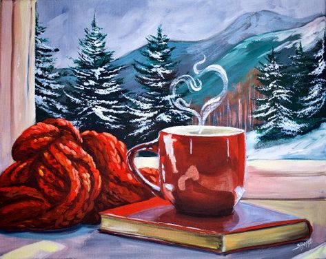 How To Paint Book Red Coffee Cup Snowscape Window Fantasy | Acrylic Tutorial | TheArtSherpa | The Art Sherpa Guided Painting, Red Coffee Cup, Painting For Beginners Videos, Coffee Art Painting, Paint Book, Canvas Painting For Beginners, Art Sherpa, The Art Sherpa, Christmas Canvas Art