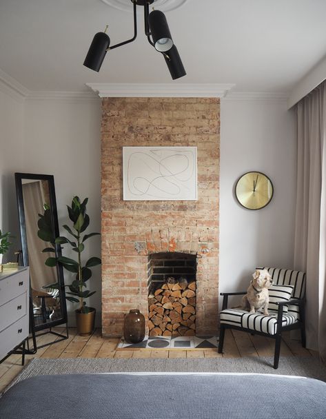 Neutrals Bedroom, Brick Chimney Breast, Exposed Brick Fireplaces, Brick Bedroom, Brick Living Room, Brick Chimney, Neutral Bedrooms, House Deco, Chimney Breast