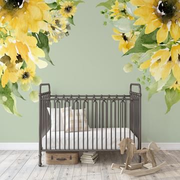 Shop Farmhouse Theme Floral Murals, Sunflower Nursery, Best Wall Colors, Baby Room Decals, Girl Nursery Wallpaper, Watercolor Mural, Girls Room Wall Decor, Floral Wall Decals, Babies Room