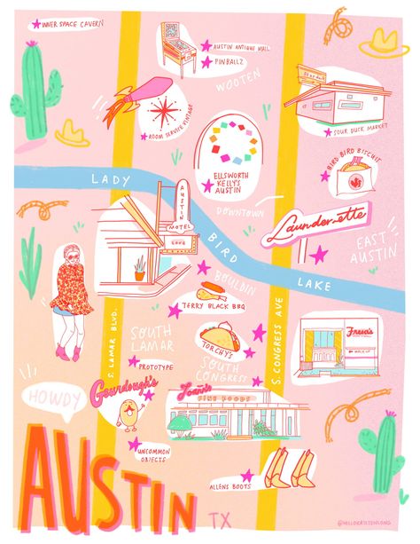 » Guide to Austin + Printable Map Map Of Austin Texas, Ut Austin Prints, Austin Texas Aesthetic, Green Bookshelves, Austin Motel, Austin Texas Travel, Austin Map, Austin Travel, Austin Art