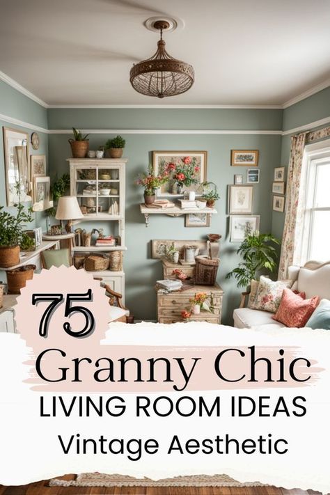 Looking to infuse your living room with that timeless granny chic vibe?   🧶🌸 Discover 75 enchanting decor ideas that blend vintage elegance with modern comfort. From floral patterns and antique furniture to cozy knitted throws and classic textiles, these tips will help you create a space that feels both nostalgic and inviting. Perfect for fans of cottagecore and rustic charm, this guide is packed with inspiration to turn your home into a warm, welcoming haven. 🛋️💐 Chic Modern Home Decor Living Room, Granny Core Living Room, Lived In House Aesthetic, Floral Bedroom Aesthetic Vintage, Home Style Ideas, Folk Art Decor Living Rooms, Shabby Chic Shelf Decor, Decor Themes Home, Granny Core Decor