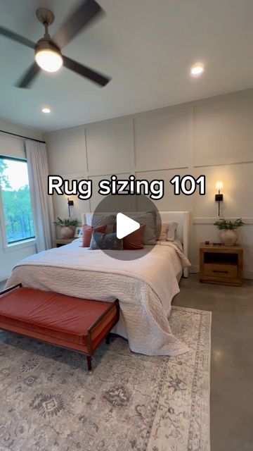 Jessica HOUSE PLANS & OWNER BUILDING on Instagram: "RUG SIZING 101

Rugs are an awesome interior design choice to help warm up or add visual intrigue to a space. However, picking the wrong size rug for a space just looks awkward! 😳

Here are a few tips for choosing the right size rug for your space:

↠ Make sure to leave 10-24" of floor space between rugs and walls to avoid making a space look crowded or cluttered.

↠ If you have a large bedroom, consider placing a large rug under the bed, extending beyond the bed and nightstands. For smaller bedrooms, opt for runners or smaller rugs on each side of the bed.

↠ If placing a rug under your dining table, make sure the rug is big enough for chairs to still sit on the rug when chairs get pulled out.

We post tips for home building and decorat Rug Under Bed Placement, Carpet Under Bed, Bed And Nightstands, Bedroom Rug Placement, Rug Placement, Home Building, Large Bedroom, House Goals, Large Rug