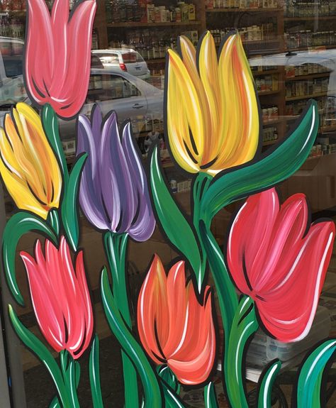 Window Paintings Art, April Window Art, Window Painting Ideas Spring, Easter Window Painting Easy, Spring Window Painting Ideas Easy, Spring Painted Windows, Window Painting Spring, Easter Window Painting Ideas, Spring Window Painting Ideas