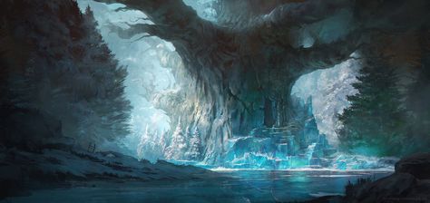 Clearing - epic concept art by Jordan Grimmer #conceptart #fantasyart #digitalart Jordan Grimmer, Ice Forest, Ice Tree, Giant Tree, Fantasy Setting, Fantasy Places, Fantasy Art Landscapes, Fantasy Concept Art, Environment Design