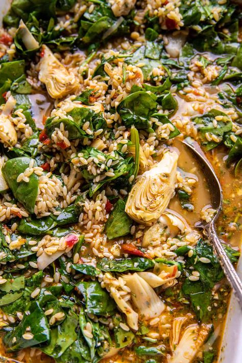 Dinner With Artichokes, Half Baked Harvest Orzo Bake, One Pan Spinach And Artichoke Orzo Bake Half Baked Harvest, Half Baked Harvest One Pan Spinach And Artichoke Orzo Bake, Spinach Artichoke Rice, Half Baked Harvest Spinach Artichoke, Spinach Artichoke Orzo, Artichoke Recipe, Orzo Bake Recipes