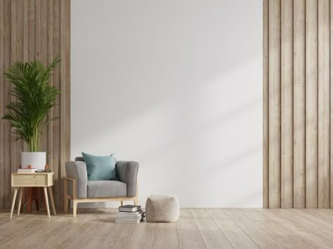 Premium Photo | Interior with armchairs and ornamental plants on empty wall background Premium Photo Living Room Empty, Wooden Walls Living Room, 3d Apartment, White Wall Background, Empty Rooms Interior, Ruangan Studio, Blue Walls Living Room, 보고서 디자인, White Wall Bedroom