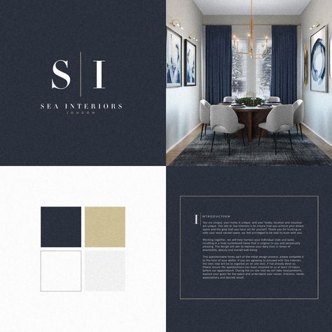 Sea Interiors - Brand Identity & Logo Design.  Sophisticated & Elegant Blue Gold Ivory palette. High End Colour Palette, Ivory Interior Design, Luxury Brand Identity Colors, Luxury Blue Branding, Royal Blue And Gold Color Palette, Luxury Color Palette Branding Blue, Brand Color Palette Luxury, Navy Branding Color Palette, Blue Gold Interior Design