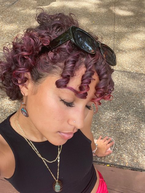 Pink Underneath Hair Curly, Wine Dyed Natural Hair, Red Violet Curly Hair, Curly Magenta Hair, Cherry Red Hair Curly Short, Red Purple Curly Hair, Short Curly Burgundy Hair, Short Purple Curly Hair, Black Cherry Curly Hair