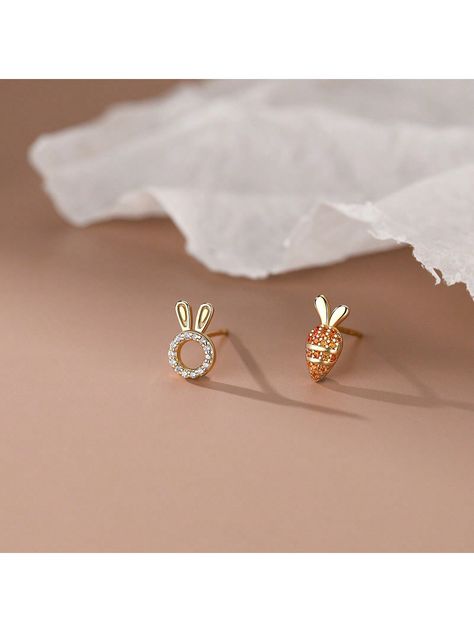 Yellow Gold  Collar  Stainless Steel   Embellished   Women Fashion Jewelry Bunny Carrot, Women Stud Earrings, Butterfly Earrings Stud, Jewelry Simple, Gold Jewelry Simple, Gold Collar, Easter Design, Ear Rings, Watches Women Fashion