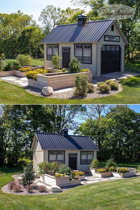 Landscape Shed Ideas, Shed With Overhang Porch, Outside Shed Ideas, Shed Next To House, Garage Shed Ideas, Landscaping Around Shed Backyards, Farmhouse Shed, Backyard Shed Ideas, Shed Landscaping Ideas