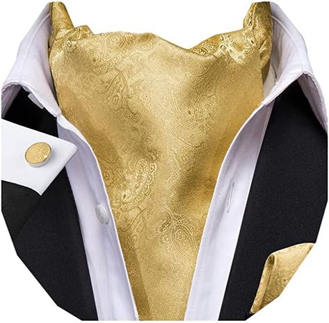 Amazon.com: Dubulle Men's Gold Paisely Silk Cravat Ties Jacquard Woven Casual Ascot and Pocket Square Set : Everything Else Wedding Tux Ideas, Mens Cravats, Dandy Fashion, Aristocratic Style, Winters Tale, Cravat Tie, Pocket Handkerchief, Wedding Tux, Ascot Ties