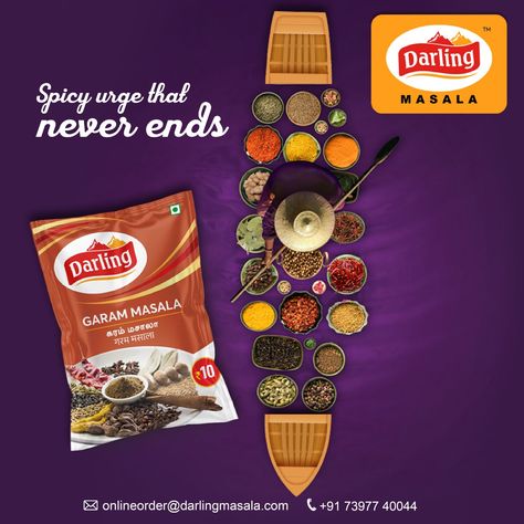 Darling Garam masala adds more flavour to every receipe. Make your food more foodalicious with Darling Garam Masala. Call us:73977 40044 Masala Creative Ads, Masala Chips, Digital Creative Agency, Dry Fruit, Food Advertising, Kitchen Ware, Communication Design, Food Poster, Creative Ads