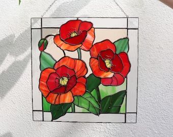 SunArtGlassGallery - Etsy Stained Glass Home, Poppies Flower, Diy Stained Glass Window, Glass Home Decor, Tiffany Stained Glass, Stained Glass Decor, Custom Stained Glass, Glass Home, Stained Glass Flowers