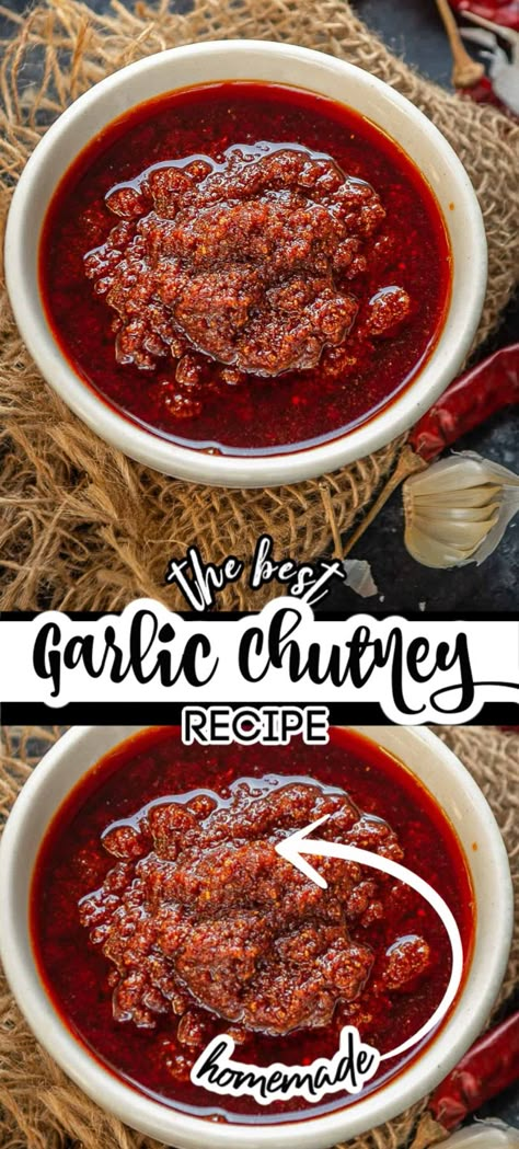 Garlic Pickle Recipe Indian, Red Chutney, Spicy Chutney, Indian Chutney Recipes, Relish Sauce, Viking Food, Indian Meal, Garlic Chutney, Trini Food