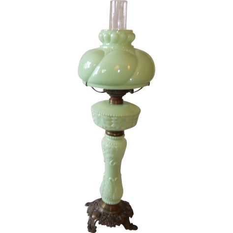 Search for vintage antique Victorian Milk Glass on Ruby Lane @rubylanecom #vintagebeginshere #RubyLane Green Milk Glass, Banquet Lamp, Green Milk, Milk Glass Lamp, Antique Oil Lamps, Royal Green, Antique Mall, Shabby Chic Cottage, Oil Lamp