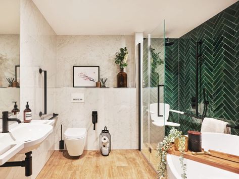 Motionspot Brings Function and Form to Accessible Design - Metropolis Accessible Kitchen, Accessible Bathroom, Shower Seat, Herringbone Tile, Shower Seats, Wheelchair Accessible, Stylish Bathroom, Porcelain Floor Tiles, Shower Screen