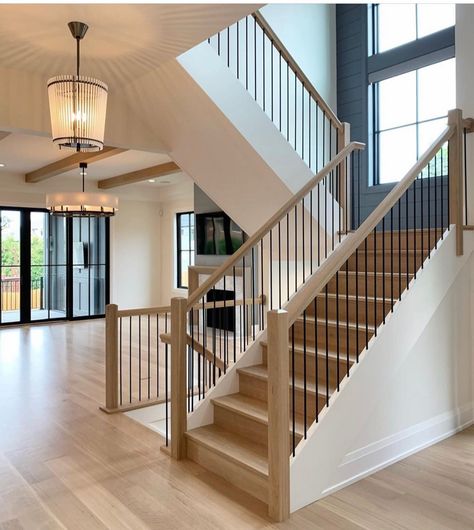 Just keep climbing, friends... we’ve almost made it to Friday! . And I’d take the stairs all day long if they looked like this gorgeous… | Instagram Open Stairway To Basement In Living Room, Stairs Location Ideas, Second Story Hallway Ideas, Exposed Stairs In Living Room, Lake House Stair Railings, Square Stairs Design, Entryway With Stairs Going Down, 3 Level Staircase, Staircases With Landings