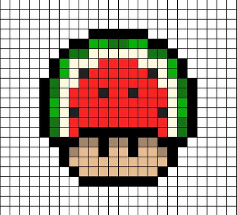 A pixel art template of the Mario mushroom dressed up as a Watermelon slice. Cute Pixel Art Mushroom, Mario Mushroom Pixel Art, Pixel Art Mushroom, Food Pixel Art, Mushroom Pixel Art, Pixlr Art, Mushroom Pixel, Pixel Art Food, Easy Perler Beads Ideas