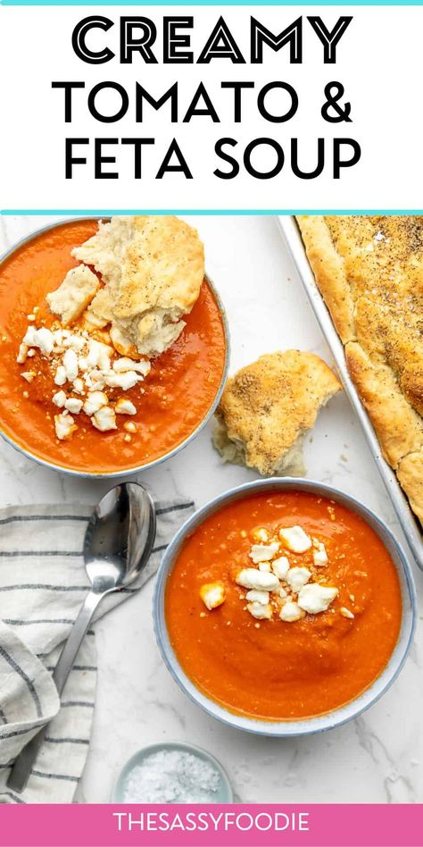 This creamy tomato feta soup is the definition of comfort in a bowl! Tangy san marzano tomatoes, paired with roasted red peppers and creamy, salty feta make for a quick and easy soup recipe that is packed with flavor! All you need are a few simple pantry ingredients, a little bit of spice, and 35 minutes! Roasted Red Pepper And Feta Soup, Feta Tomato Soup, Roasted Feta Soup, San Marzano Tomatoes Recipes, Tomato Feta Soup, Tomato Red Pepper Soup, Feta Soup, Thai Coconut Curry Soup, Bell Pepper Soup