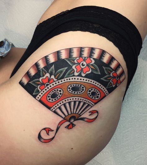 Fan Hip Traditional Tattoo | Tattoo Ideas and Inspiration | Andrew Vidakovich Harp Traditional Tattoo, Fan Traditional Tattoo, Traditional Hand Fan Tattoo, Japanese Fan Tattoo Traditional, Traditional Japanese Fan Tattoo, Asian Fan Tattoo Design, Traditional Fan Tattoo, Hips Dips, Fan Tattoo