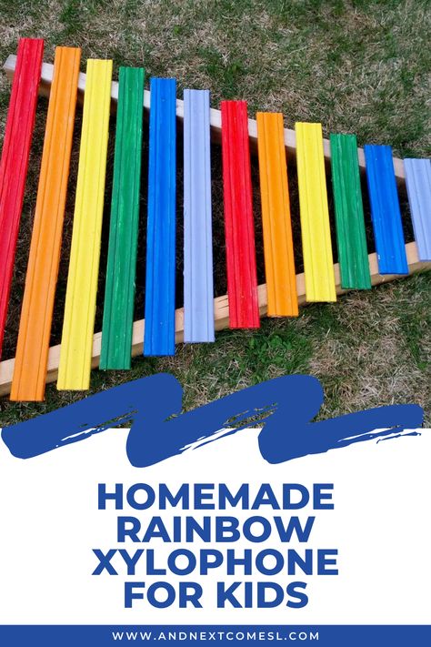 Giant DIY outdoor rainbow xylophone tutorial: find out how to make a homemade xylophone for kids right at home using recycled materials. Your kids are going to love playing on this homemade musical instrument! #Xylophone #RainbowXylophone #HomemadeMusicalInstruments #Kids #HomemadeXylophone How To Make A Xylophone, Home Made Musical Instruments For Kids, Diy Musical Instruments Projects, Homemade Xylophone, Diy Xylophone, Musical Instrument Crafts For Kids, Pvc Pipe Instrument, Musical Playground, Backyard Toys For Kids