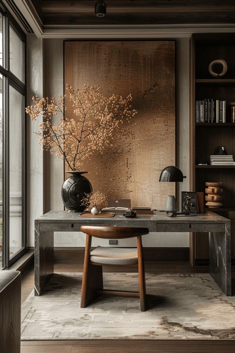 35 Stunning Japandi Home Office Designs Home Office Japanese, Home Office Organic Modern, Organic Modern Office Design, Organic Modern Home Office, Modern Organic Office, Organic Modern Office, Colorful Japandi, Japandi Office Design, Japandi Office