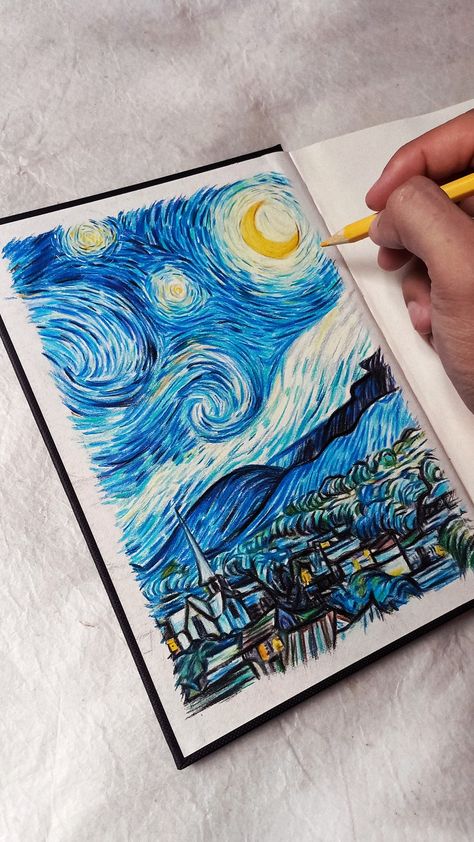 Color Pencils Aesthetic, Color Pencil Illustration Simple, Starry Night Sketch, Drawing Van Gogh, Starry Night Drawing, Starry Night Art, Scratchboard Art, Art Journal Cover, Posca Art