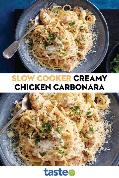 This super easy carbonara is a classic meal that will become a new family favourite. Creamy Chicken Carbonara, Easy Carbonara, Easy Carbonara Recipe, Chicken Carbonara Recipe, Slow Cooker Pasta Recipes, Creamy Spaghetti, Crockpot Pasta, Slow Cooker Creamy Chicken, Slow Cooker Spaghetti