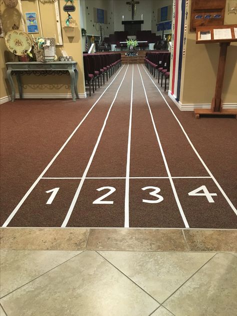 Track Party Decorations, Olympic Themed Vbs Decorations, 2024 Olympics Decorations, Olympic Office Decorations, Office Olympics Decorations, Running Themed Party Decorations, Olympic Float Ideas, Olympic Vbs Theme, Olympic Themed Games