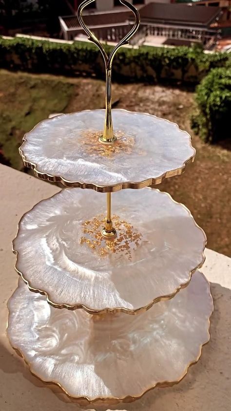 Bright, White Pearl 3-Tier Resin Stand! in 2022 | Resin crafts, Resin diy, Mixed media art tutorials Diy Resin Tutorial, Diy Mixed Media Art, Resin Stand, Resin Art Canvas, Mixed Media Art Tutorials, Resin Crafts Tutorial, Dekor Diy, Diy Resin Projects, Resin Wall Art